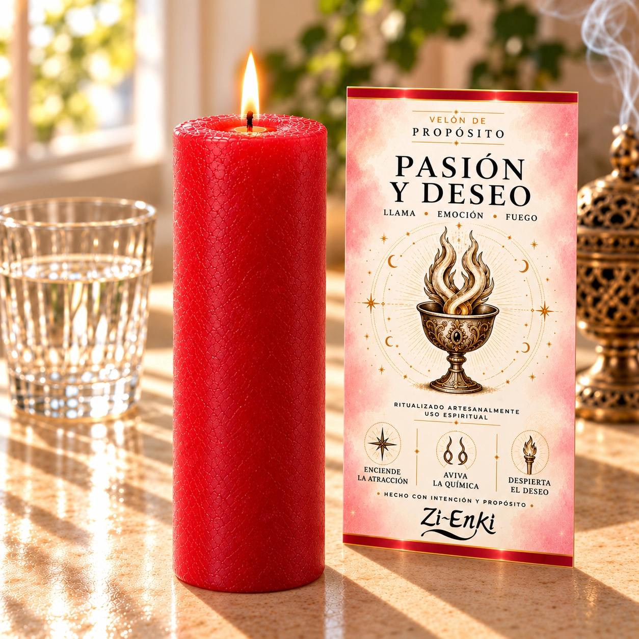 Vela roja Pasión y deseo-4 Velón de Pasión y Deseo rojo con etiqueta ilustrada de un cáliz con llamas