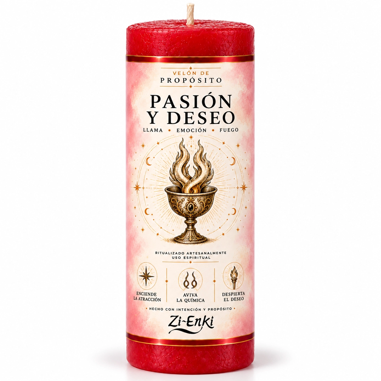 Velón de Pasión y Deseo rojo con etiqueta ilustrada de un cáliz con llamas