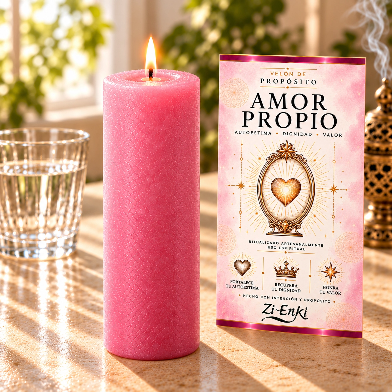 Vela rosa de Amor Propio con etiqueta Velón de Amor Propio con etiqueta ilustrada de un espejo y un corazón luminoso