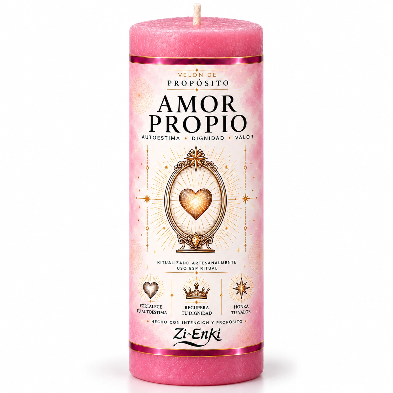 Velón de Amor Propio con etiqueta ilustrada de un espejo y un corazón luminoso