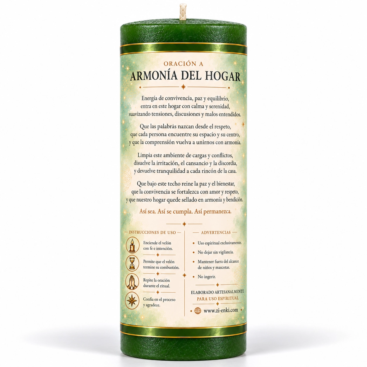 Vela verde Armonía del Hogar-2 Velón Armonía del Hogar de Zi-Enki con etiqueta ilustrada de una chimenea, dos sillones y un gato descansando