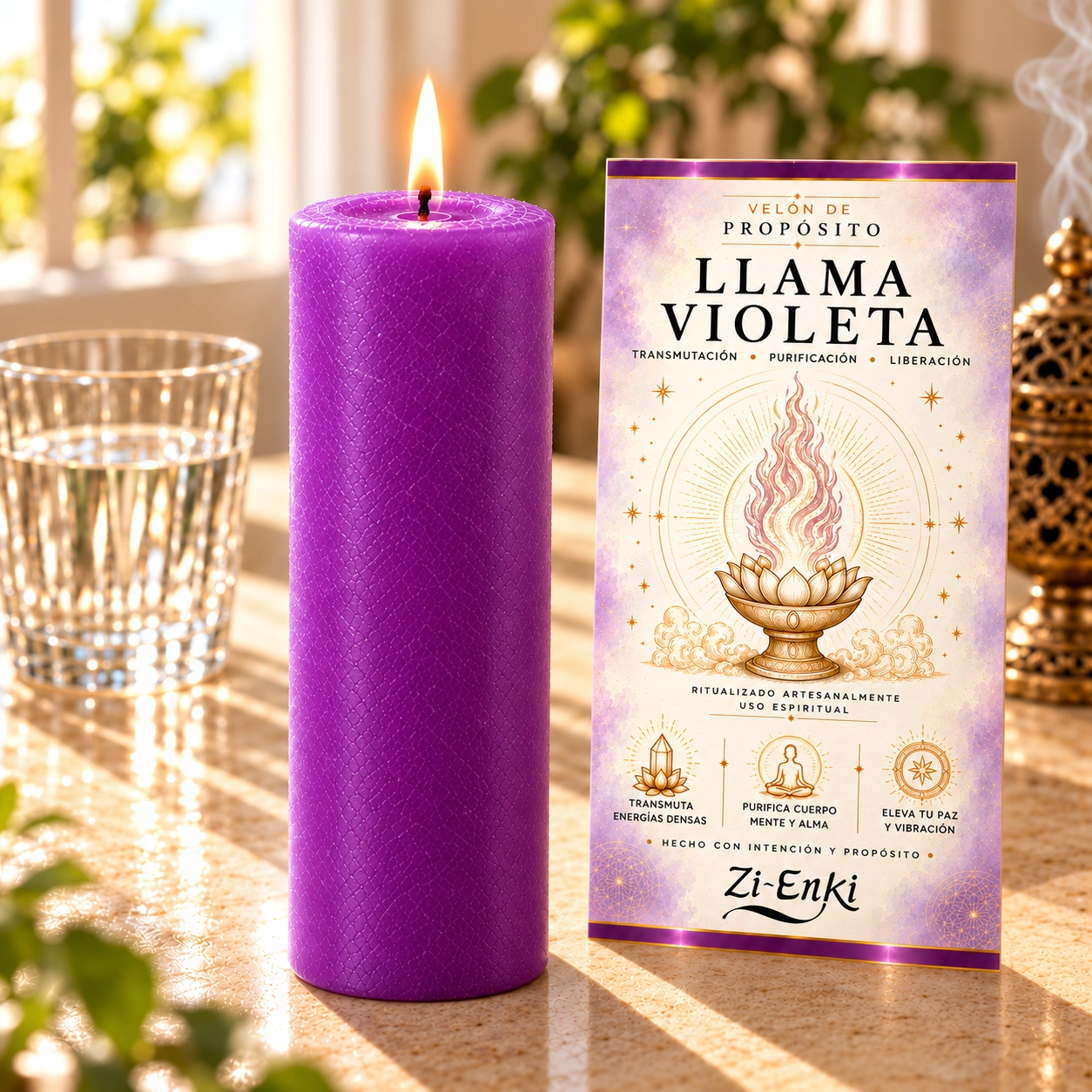 Vela violeta Zi-Enki con etiqueta original-4 Velón de Llama Violeta con etiqueta ilustrada de una llama sobre una flor de loto