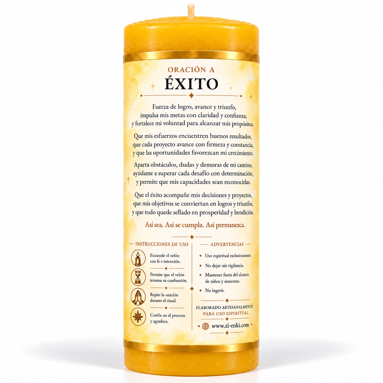 Velón Éxito – Zi-Enki Velón Éxito de Zi-Enki con etiqueta ilustrada de estrella radiante y corona de laurel
