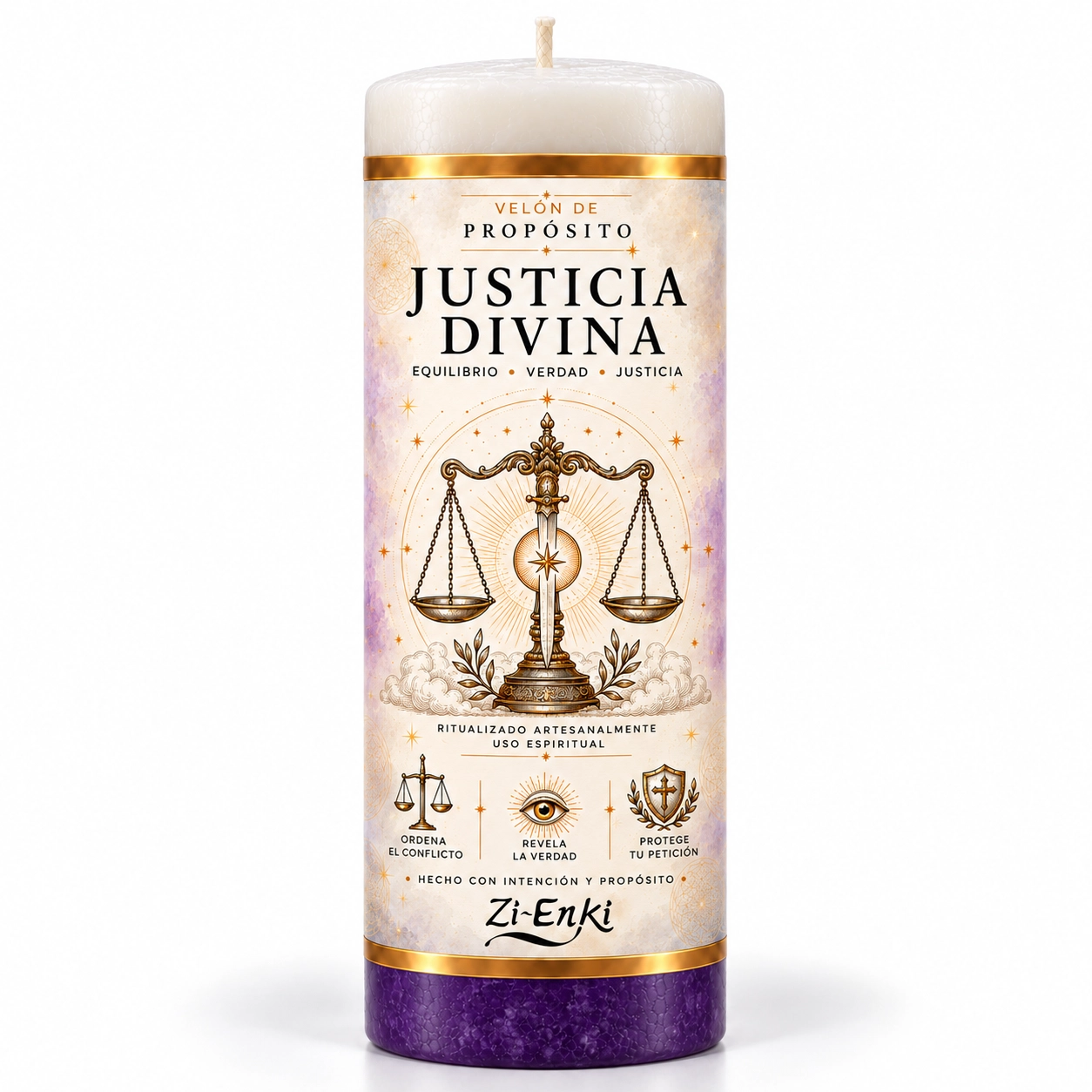 Velón Justicia Divina de Zi-Enki con etiqueta ilustrada de balanza y espada