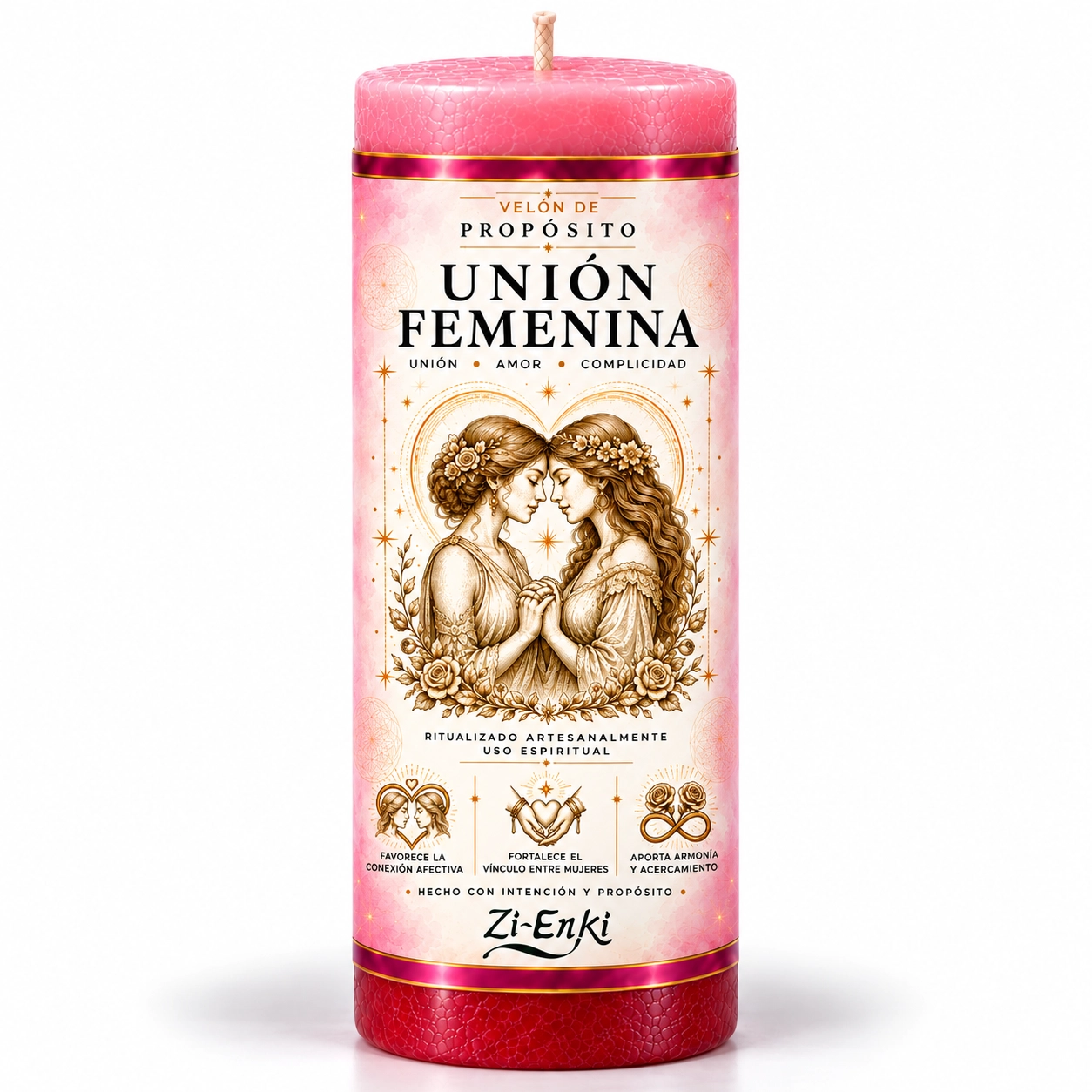 Velón Unión Femenina de Zi-Enki con su etiqueta original de dos mujeres con las manos unidas y rodeadas de flores