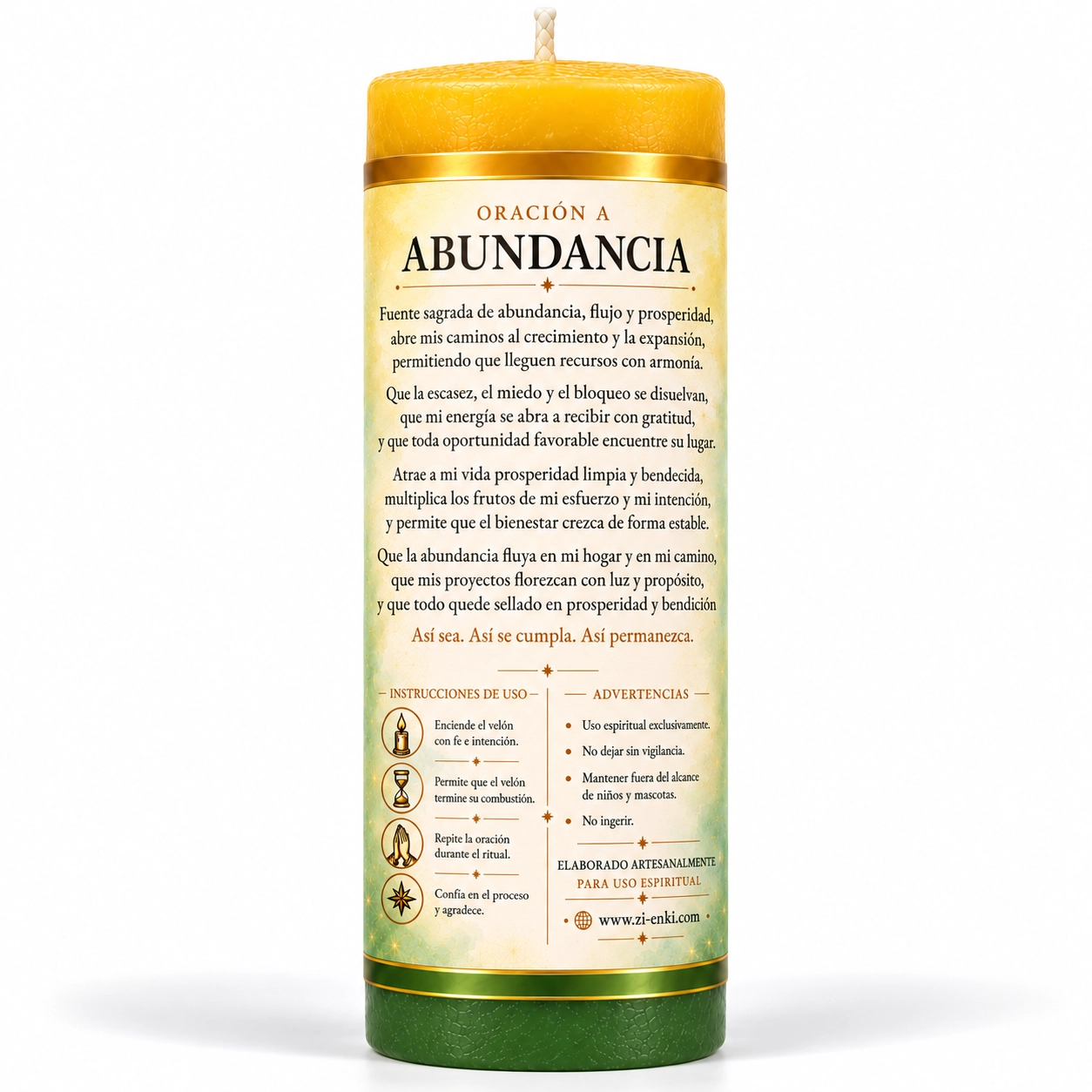 Velón de abundancia con oración-2 Velón Abundancia de Zi-Enki con etiqueta ilustrada de una copa con monedas, espigas y brotes