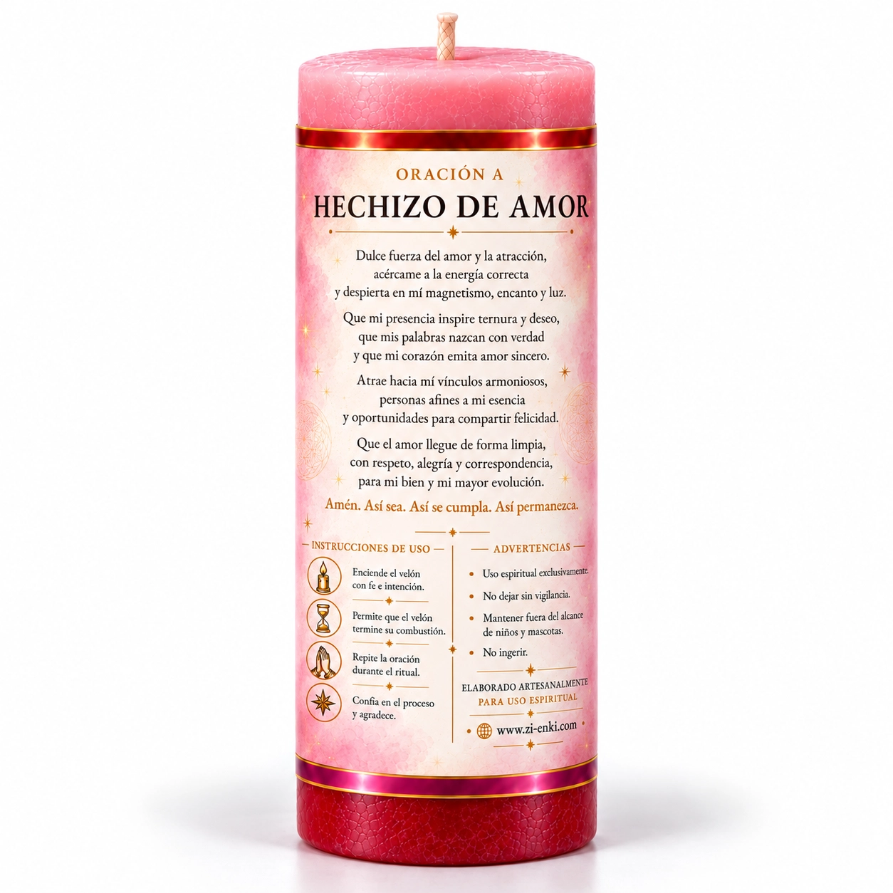 Velón Hechizo de Amor de Zi-Enki Velón Hechizo de Amor de Zi-Enki con su etiqueta original de una pareja, un corazón luminoso y rosas