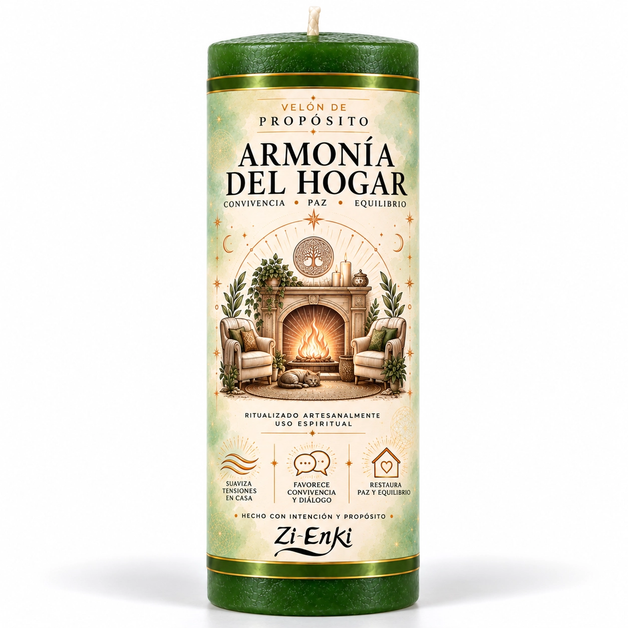 Velón Armonía del Hogar de Zi-Enki con etiqueta ilustrada de una chimenea, dos sillones y un gato descansando