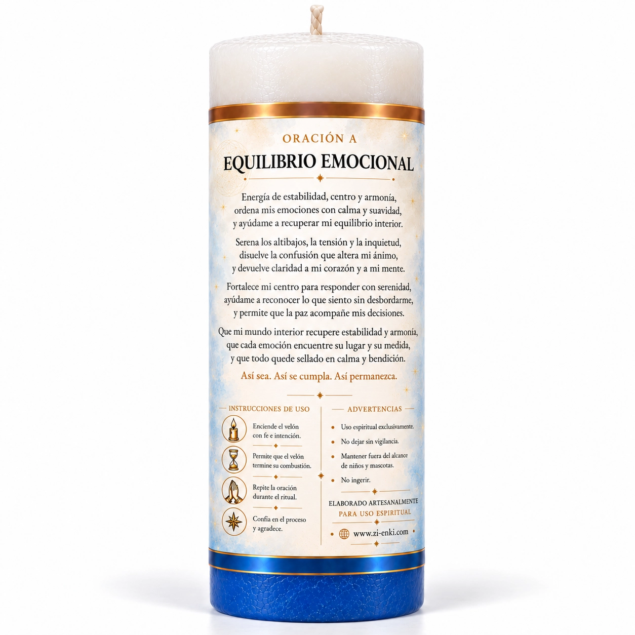 Velón de equilibrio emocional, vista trasera-2 Velón Equilibrio Emocional de Zi-Enki con etiqueta ilustrada de cuatro piedras apiladas sobre el agua