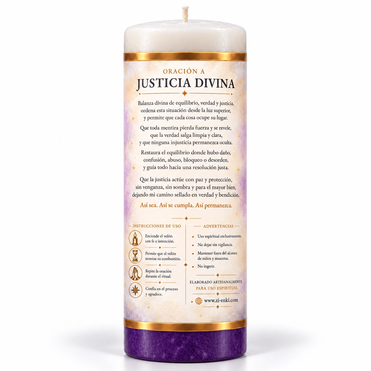 Velón de justicia divina, vista trasera-2 Velón Justicia Divina de Zi-Enki con etiqueta ilustrada de balanza y espada