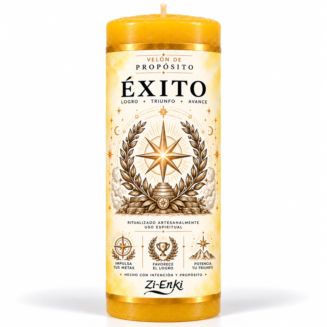 Velón Éxito de Zi-Enki con etiqueta ilustrada de estrella radiante y corona de laurel
