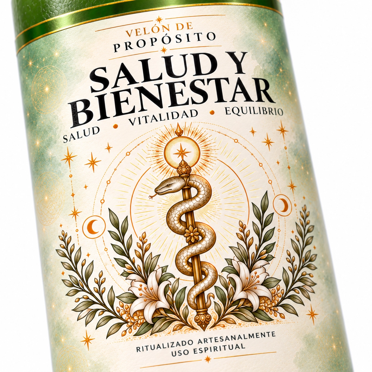 Velón Salud y Bienestar – Zi-Enki Velón Salud y Bienestar de Zi-Enki con etiqueta ilustrada de una serpiente enroscada en una vara entre lirios
