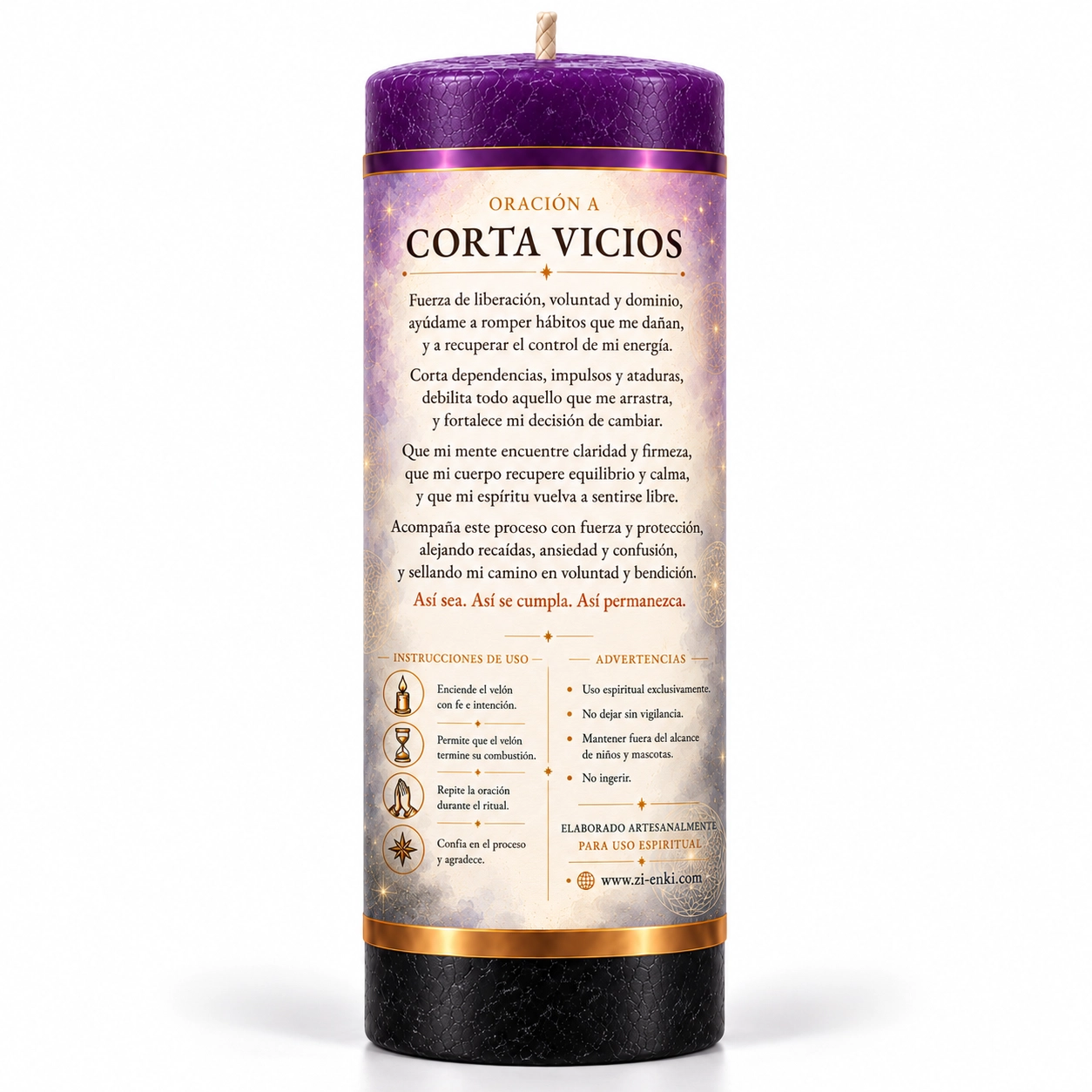 Velón Corta Vicios – Zi-Enki Velón Corta Vicios de Zi-Enki con etiqueta ilustrada de manos, cadenas rotas y flor de loto