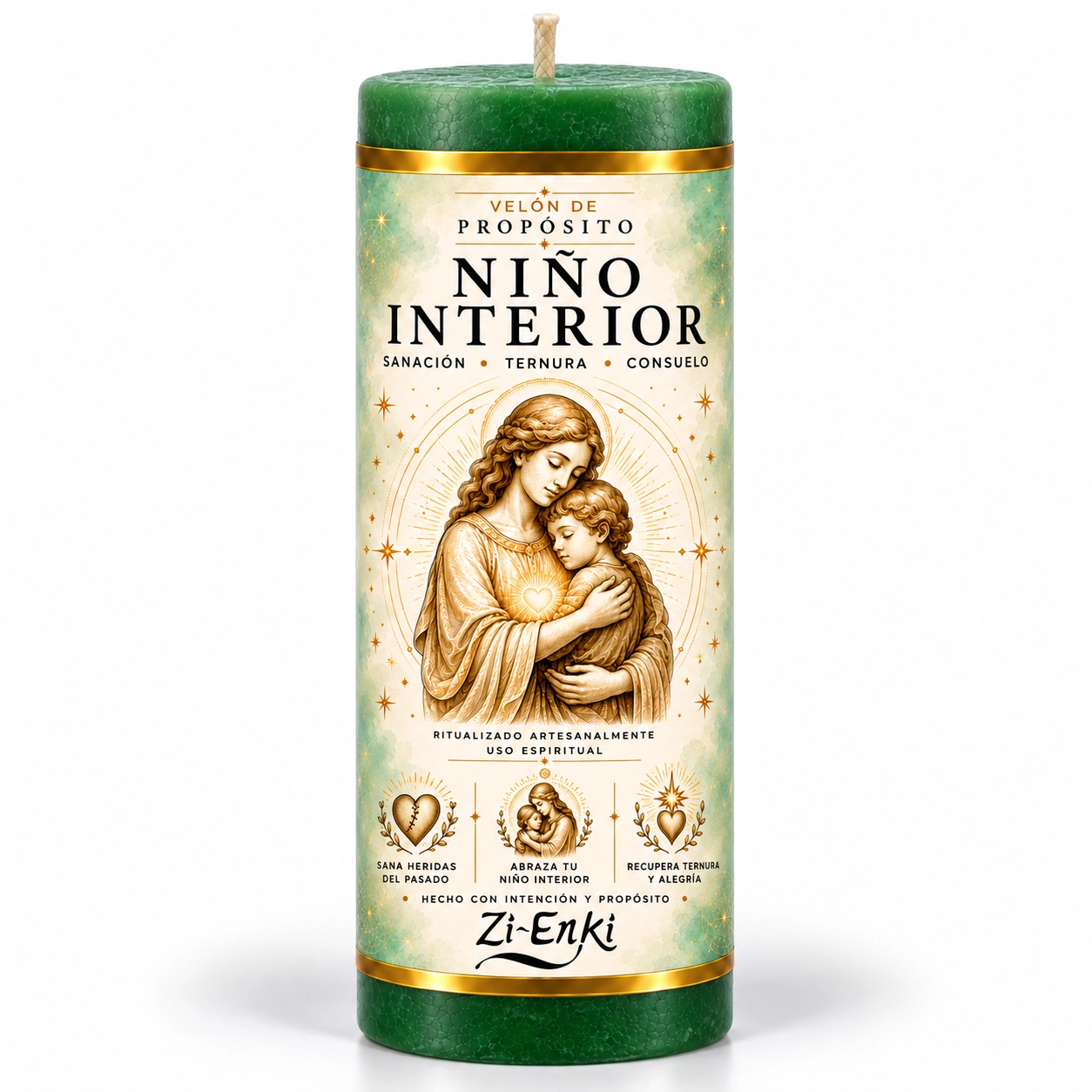 Velón Niño Interior de Zi-Enki con su etiqueta original de una figura adulta abrazando a un niño