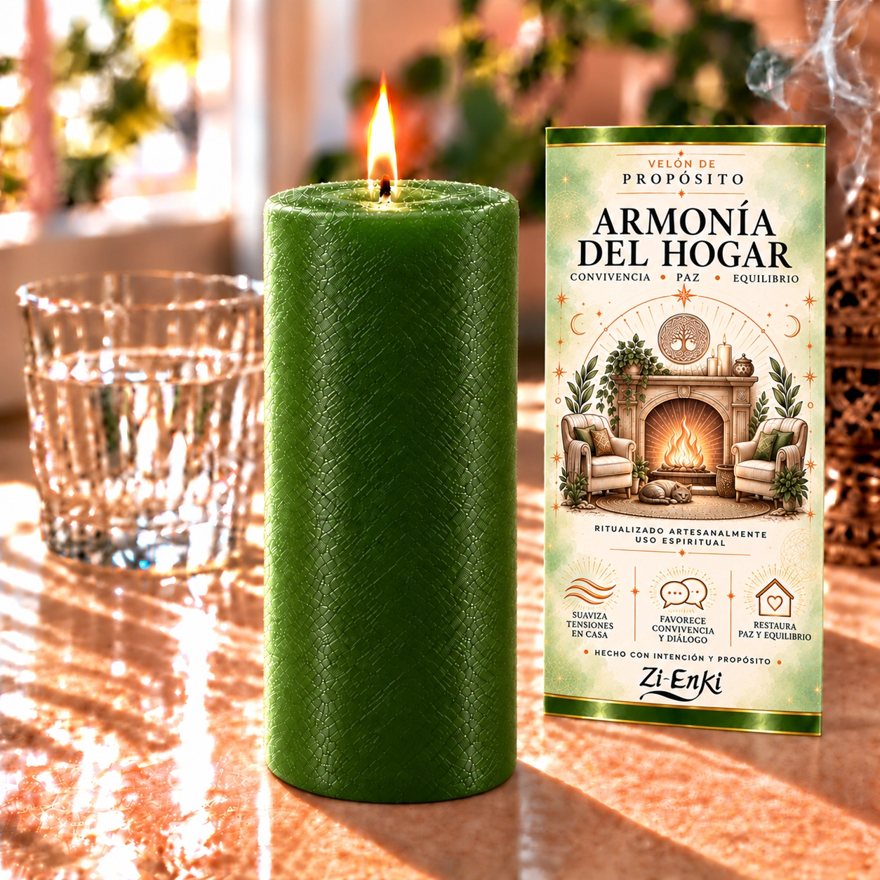 Velón verde, armonía del hogar-4 Velón Armonía del Hogar de Zi-Enki con etiqueta ilustrada de una chimenea, dos sillones y un gato descansando