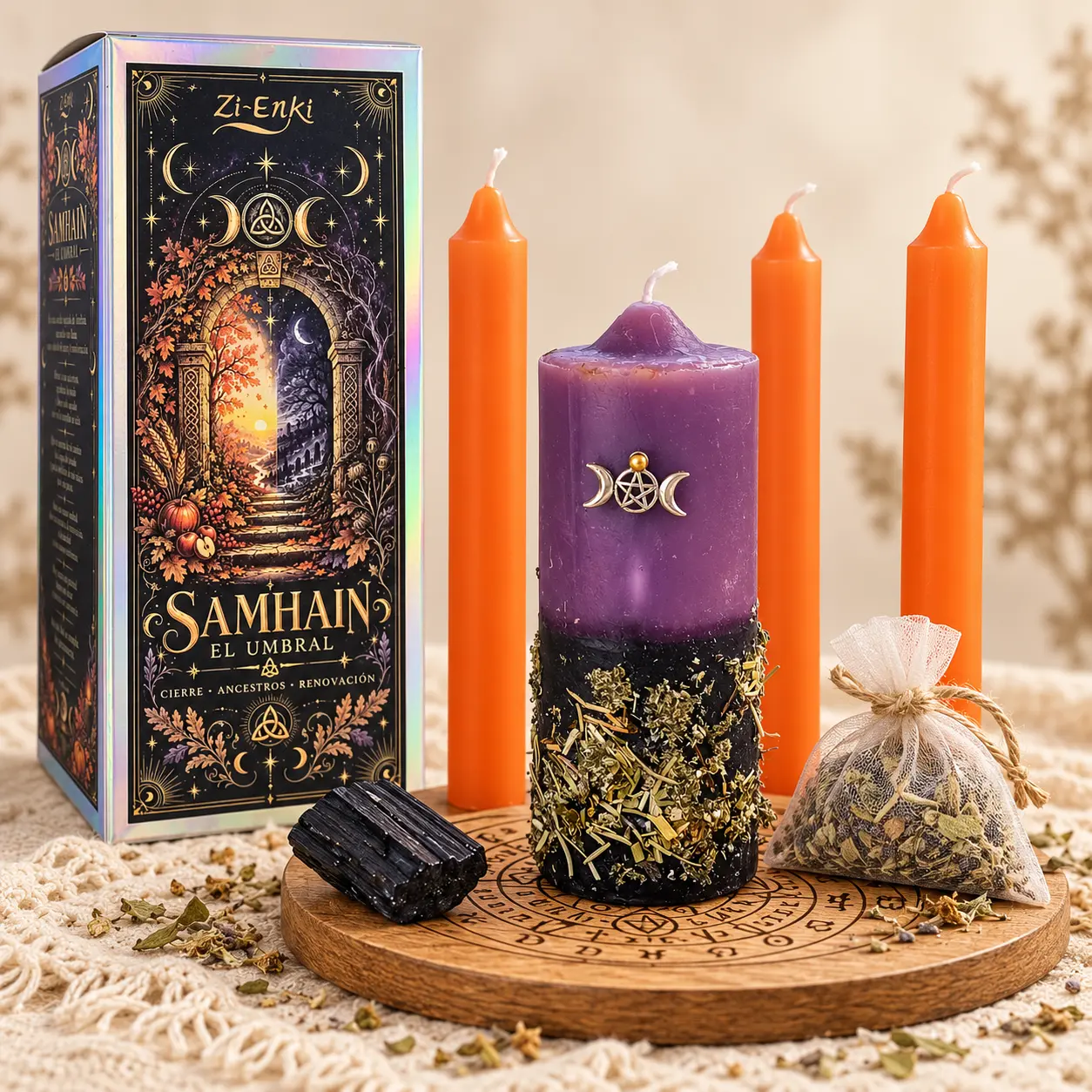 Ritual esotérico de Samhain El Umbral con velón morado y negro, tres velas naranjas, turmalina negra, hierbas y caja holográfica Zi-Enki.